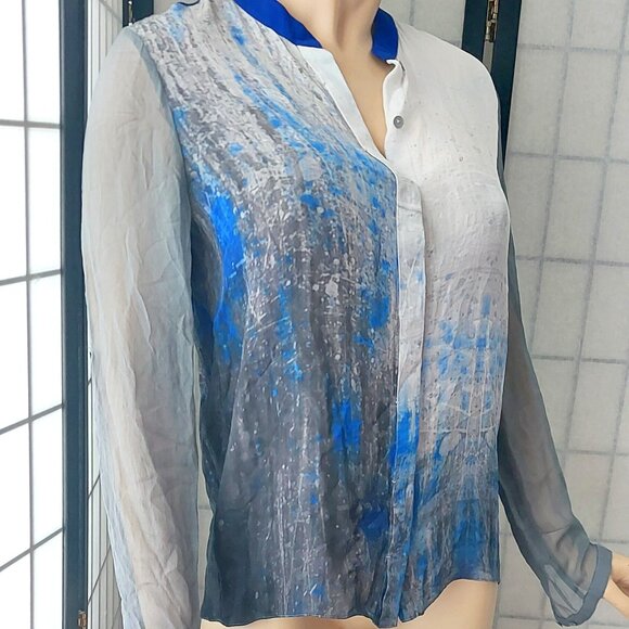 Chic & Luxurious! ELIE TAHARI 100% Silk Sheer Button-Down Blouse in Blue/Gray  M - Picture 5 of 7